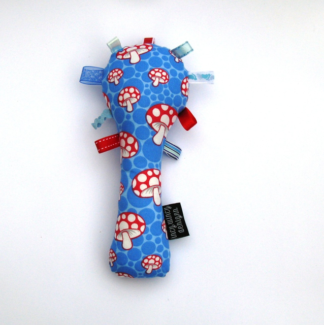 Baby Rattle - Blue/Red Toadstools